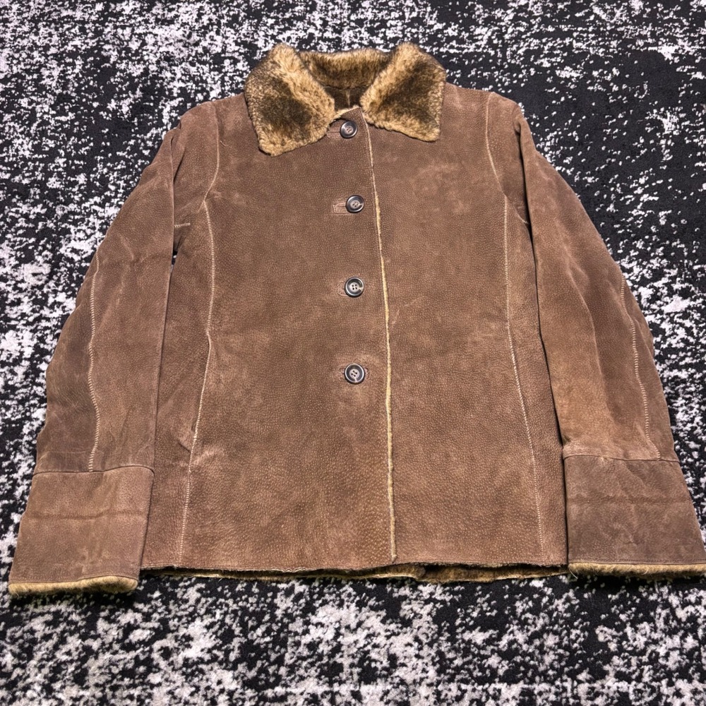 Vintage New York & Company Brown Leather Suede Faux Fur Trim Jacket Womens Small